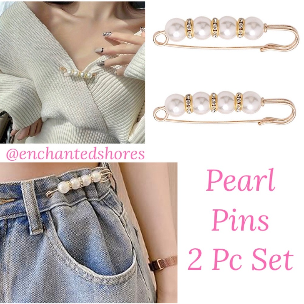 Pearl Pins Linear Brooch Waist Cincher Lux Safety Pin Gold Tone Crystals Pearls